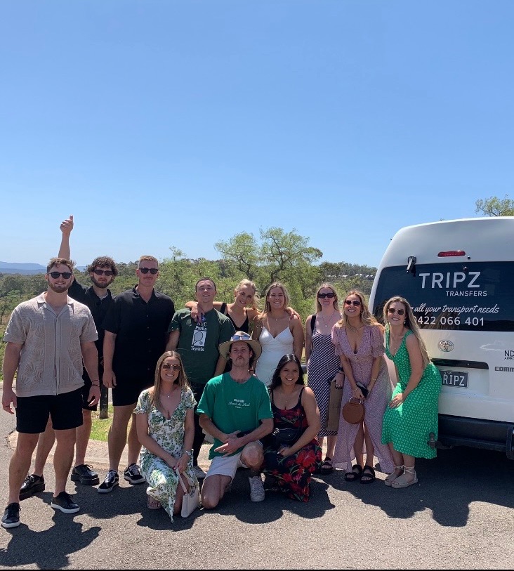 Wine tour group gathered beside the TRIPZ van in the Hunter Valley