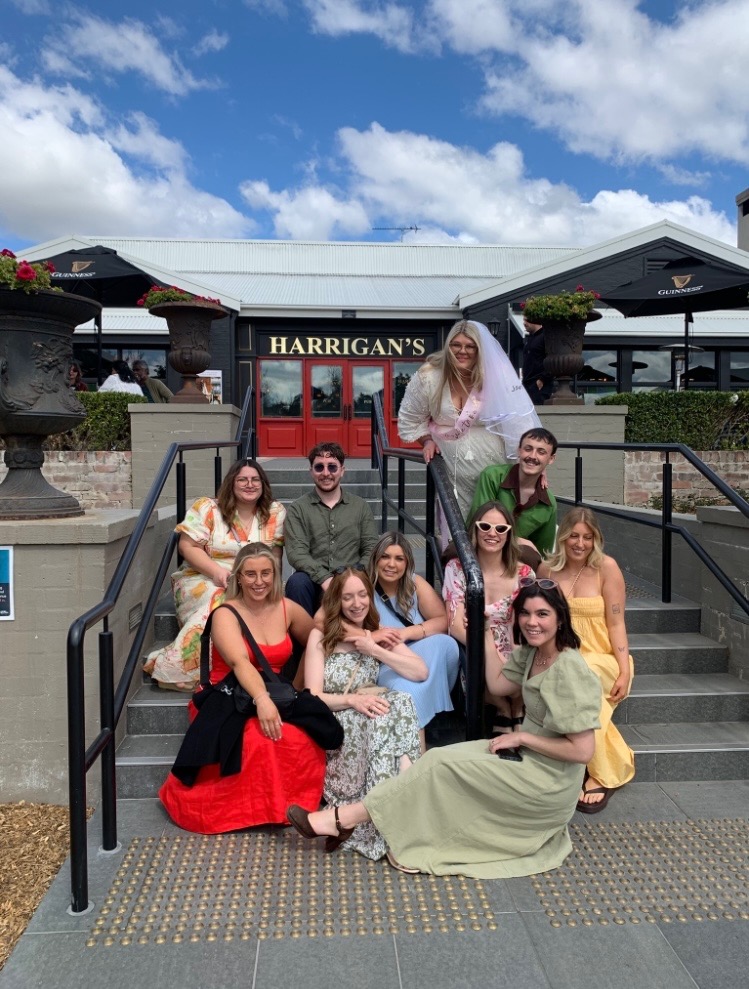 Hen party group posing on winery steps in the Hunter Valley