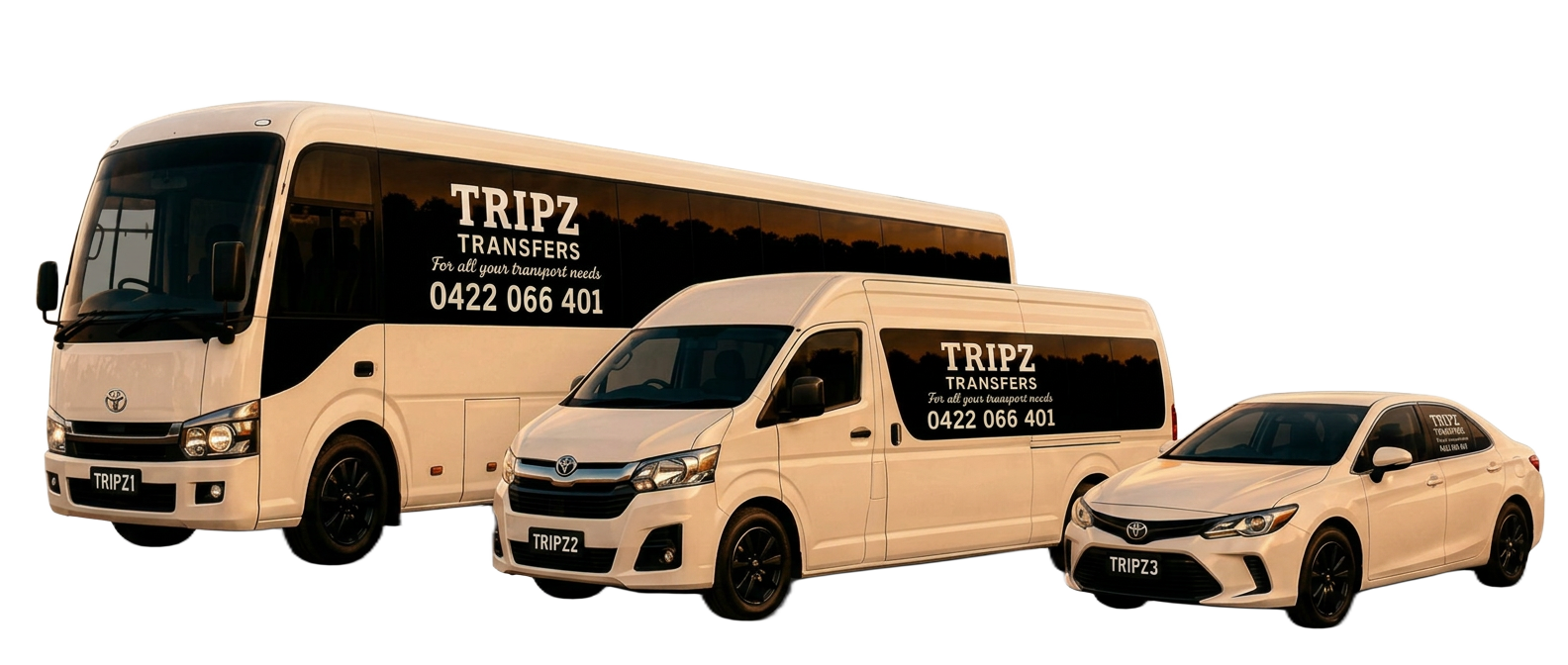 The TRIPZ Transfers coach, passenger van and car at sunset